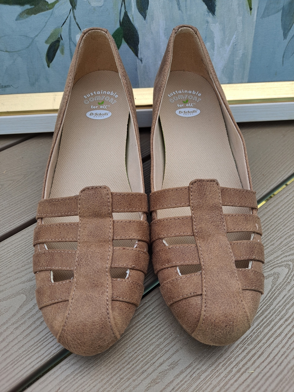Dr. Scholl's Tan Suede-like Strappy Cutout Closed-Toe Wedges Anti-odor Comfort